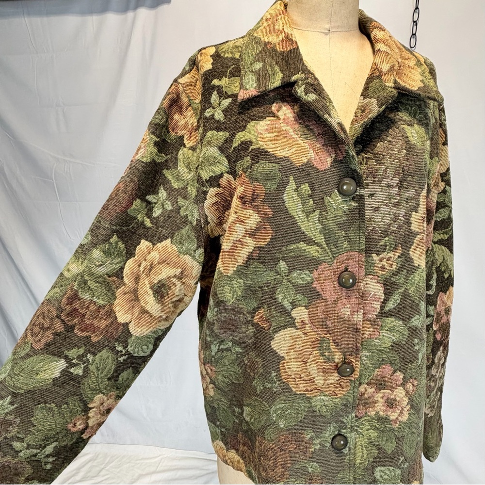 VINTAGE tapestry cottage flower garden blazer woven jacket Victorian English 90s - Picture 6 of 11
